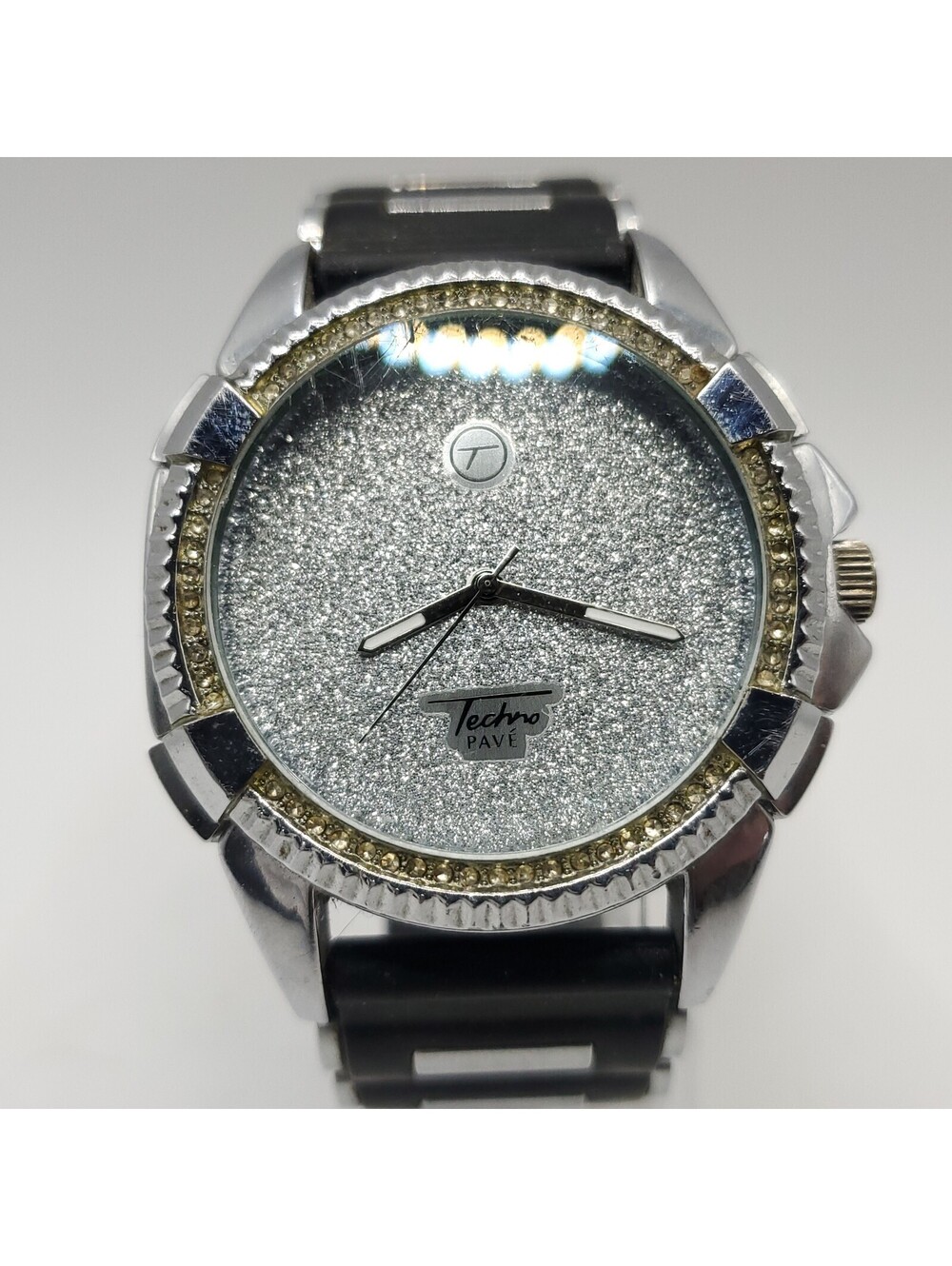 Techno Pave Mens Watch Silver Dial 45mm New Battery